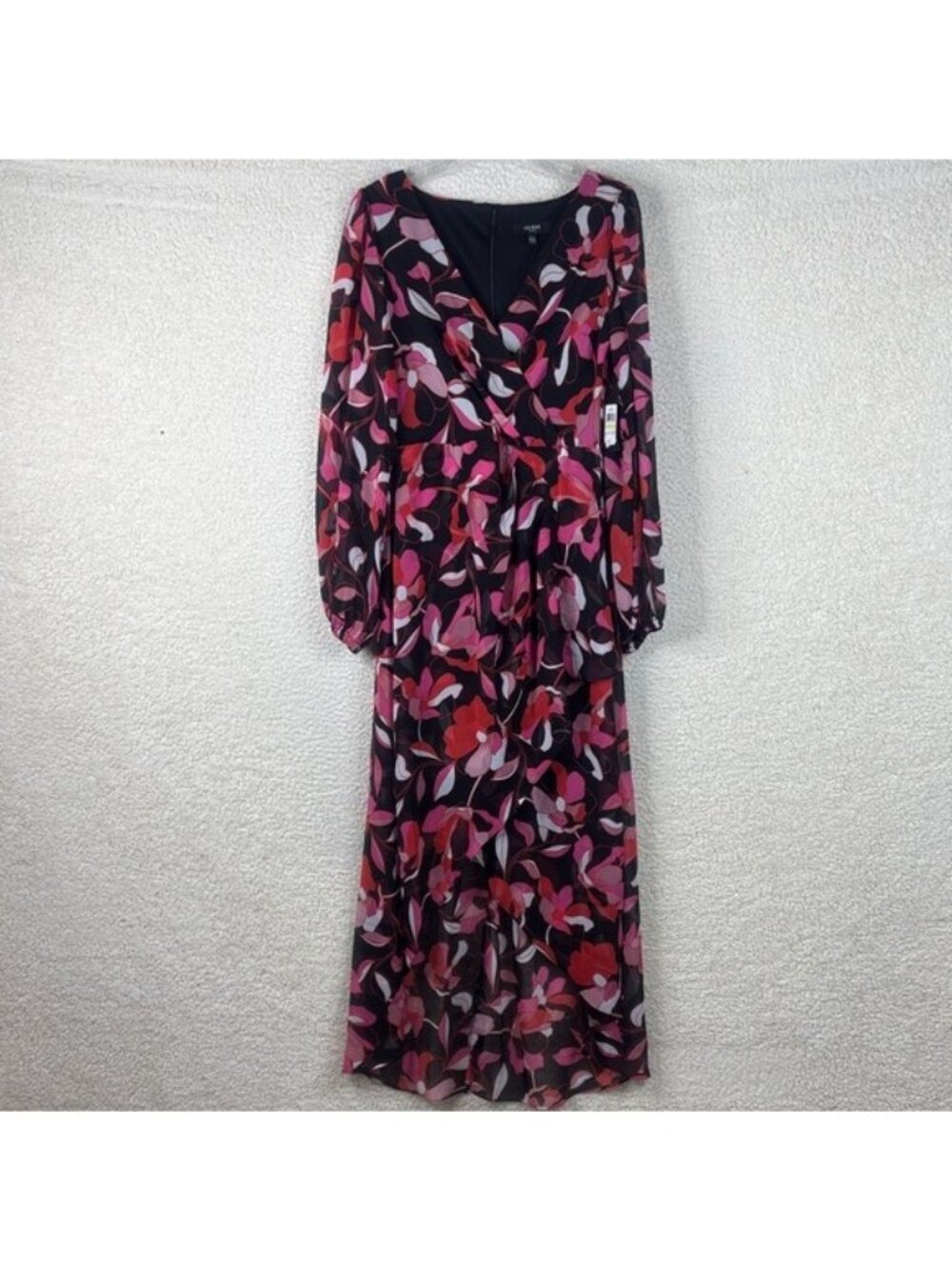 NWT Guess Womens Black Pink Floral Chiffon High-Low Faux Wrap Dress Size 4